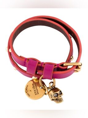Alexander McQueen Pink Leather and Skull Wrap Bracelet